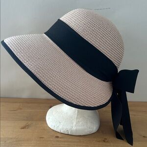 Magid Hats Cloche Hat Blush Pink Wide Brim Sunhat w Black Ribbon & Bow 57 cm